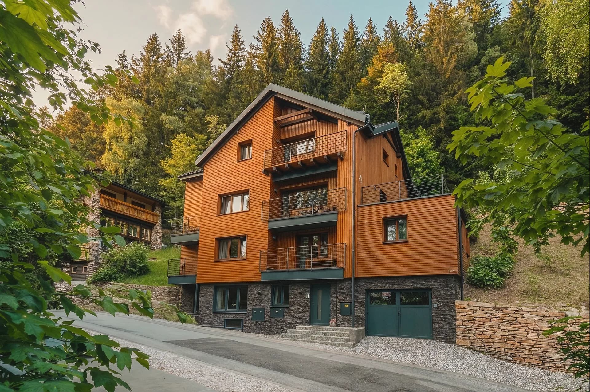 Das holzverkleidete Chalet Horské apartmány Elli mit dem Wald dahinter